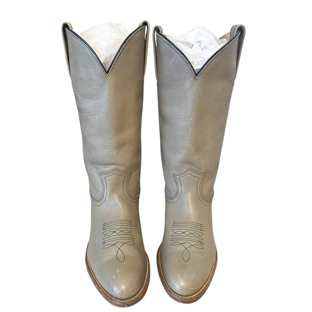 Frye Vintage Taupe Tan Leather Almond Toe Mid Calf Cowgirl Boots 9.5